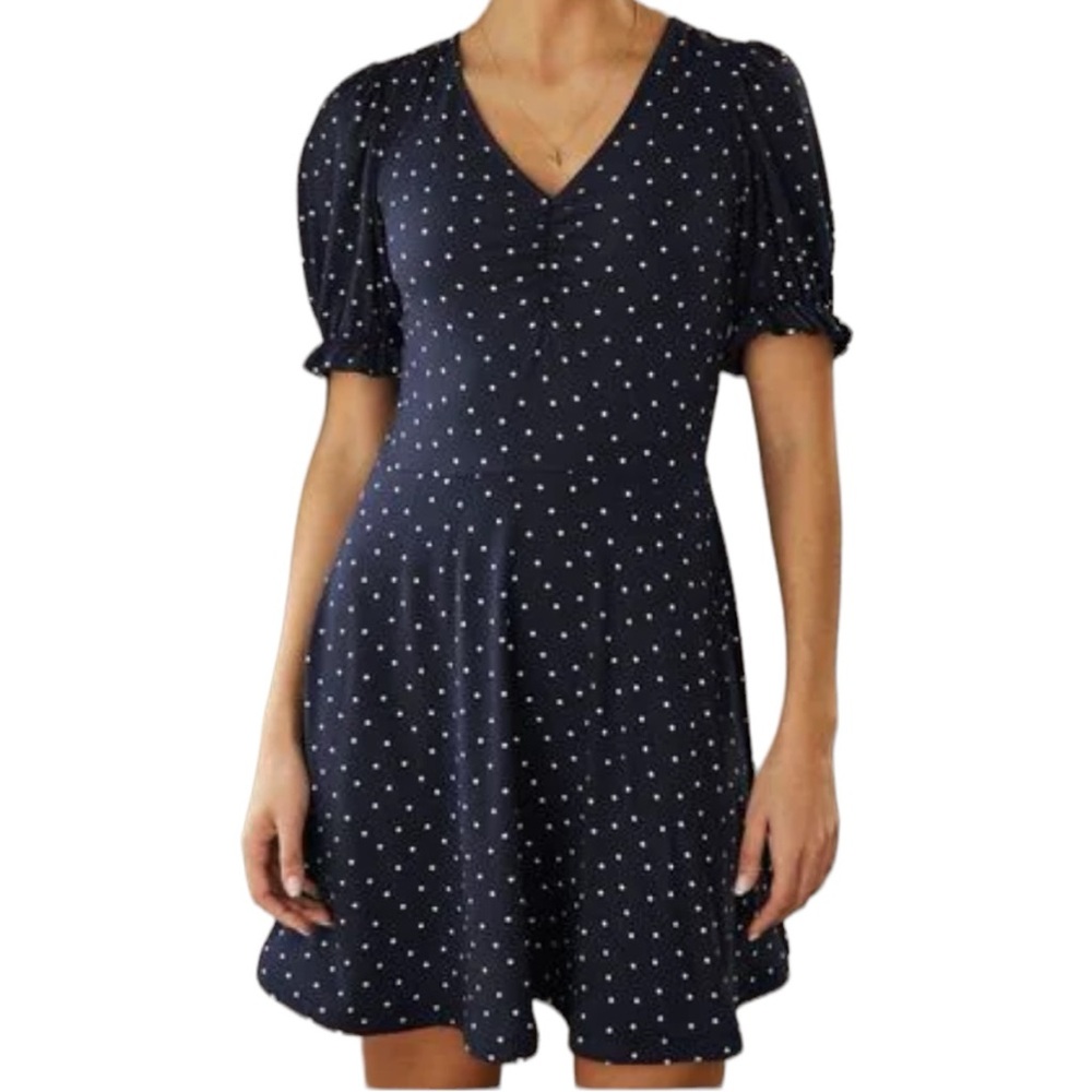 Boden NWT Navy Blue White Polka Dot V-Neck Ruffled Sleeve Jersey Dress Size 4